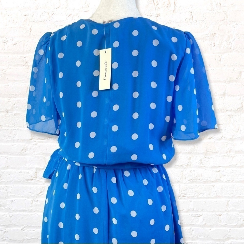 Francesca’s Mi ami Blue Polka Dot Wrap Mini Dress with Ruffle Size Small - Picture 5 of 11